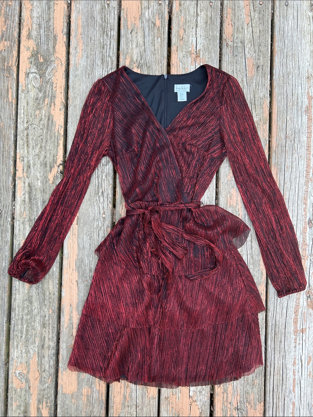 Nicole Miller Red Metallic Wrap Long Sleeve Dress